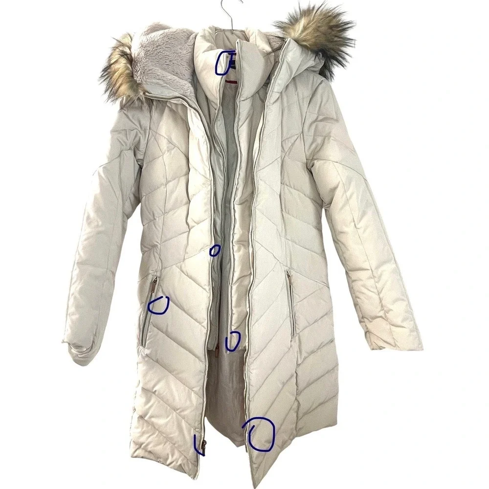 Jones New York Women's Cream Quilted‎ Faux Fur Hood Puffer Coat Size S